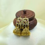 Traditional Gold-Plated Kundan Square Motif Necklace Set with Pearl Detailing & Jhumka Earrings - Image 3