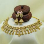Antique Gold-Plated Kundan Floral Choker Necklace Set with Multicolor Stones & Jhumka Earrings - Image 2