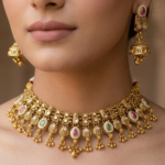 Antique Gold-Plated Kundan Floral Choker Necklace Set with Multicolor Stones & Jhumka Earrings