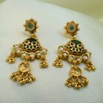 Antique Gold-Plated Temple Necklace Set with Green Stone Pendant & Designer Jhumka Earrings - Image 3