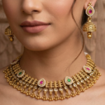 Antique Gold-Plated Kundan Choker Necklace Set with Teardrop Motifs & Jhumka Earrings