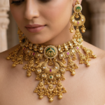 Antique Gold-Plated Temple Necklace Set with Lakshmi Motif & Statement Chand Pendant