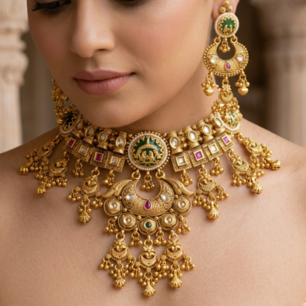 Antique Gold-Plated Temple Necklace Set with Lakshmi Motif & Statement Chand Pendant