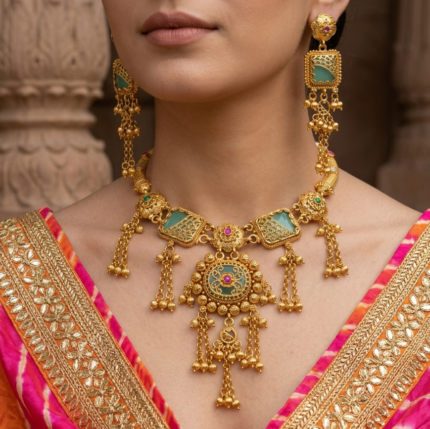 Antique Gold-Plated Temple Necklace Set with Mint Green Stones & Long Chain Danglers