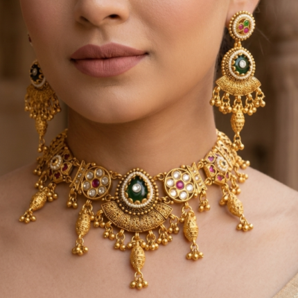 Women Gold-Plated Ethnic Choker Jewellery Set with Earrings