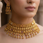 Women Gold-Plated Traditional Temple Choker Jewellery Set with Earrings
