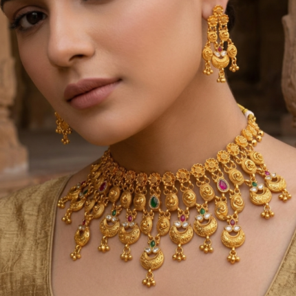 Women Gold-Plated Floral Temple Choker Jewellery Set with Earrings