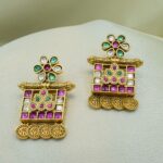 Traditional Rajwadi Gold-Plated Meenakari & Kemp Stone Studded Necklace Set with Beads - Image 3